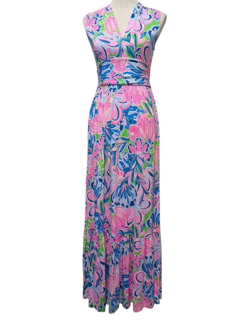 Lilly Pulitzer Womens Sz XS Pink Blue Floral Sleeveless Banded Waist Maxi Dress